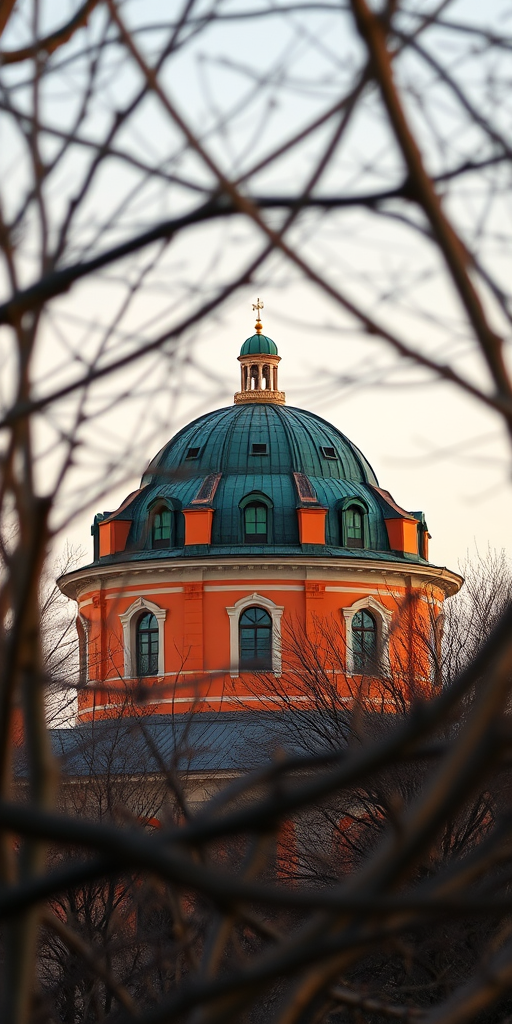 Capture an artistic view of a round orange building with a green dome, framed by bare branches, use a Canon EOS R5, 50mm f/1.2 lens, aperture at f/2.8, ISO 100, shutter speed 1/200 sec, natural lighting during golden hour.
