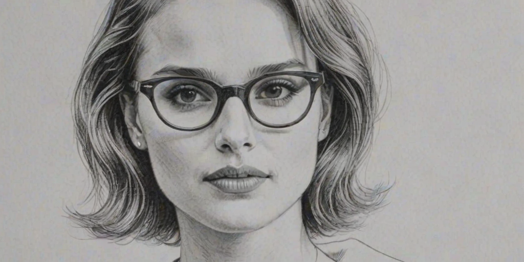 Charming Natalie Portman, pencil sketch, portrait of Fetching woman 1963s in glasses, hair style beatnik, outline, clear lines, fine lines, 8k