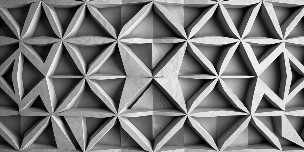 Create an abstract geometric pattern featuring interlocking shapes in a monochrome color scheme, captured with a DSLR camera at f/8 aperture, ISO 100, 1/125 shutter speed, top-down view, with a soft focus effect for depth.