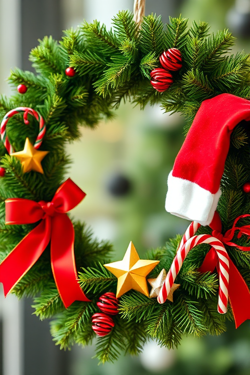 Create a vibrant Christmas wreath with green pine branches, red ribbon, gold star, Santa hat, and candy canes in a soft-focus background, using a DSLR camera with a 50mm lens, aperture f/1.8 for shallow depth of field, ISO 100, and natural lighting for enhanced image quality.