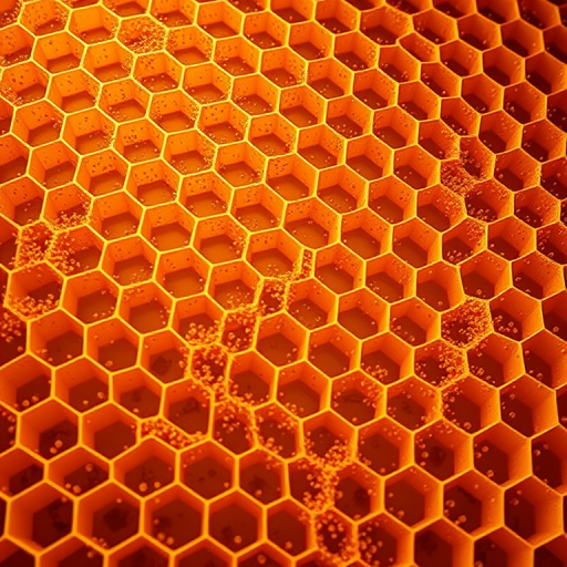 Generate a high-resolution image of a golden honeycomb pattern with intricate details and textures, using a macro lens, at 50mm focal length, aperture set to f/8, ISO 100, natural lighting, and a low angle view to emphasize depth and dimension.