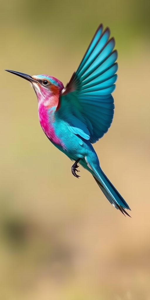 Capture a vibrant lilac-breasted roller in mid-flight with a shallow depth of field, using a DSLR camera, 200mm lens, aperture set to f/2.8, shutter speed at 1/1000s, ISO 400, natural light, and focus on the bird against a blurred background.