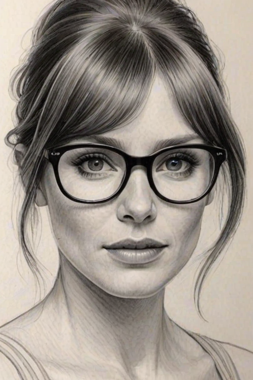 Appealing Bryce Dallas Howard, pencil sketch, portrait of Captivating woman 1977s in glasses, hair style beatnik, outline, clear lines, fine lines, 8k