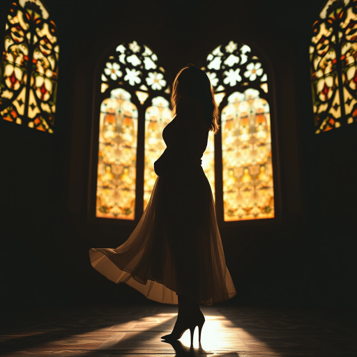 Regenerate a silhouette of a woman in a flowing dress standing gracefully in a dimly lit, ornate room with intricate stained glass windows, sunset light streaming through, shot with a Canon EOS R5, 50mm f/1.2 lens, aperture f/1.8, ISO 100, shutter speed 1/200s, backlit with soft bokeh effect.