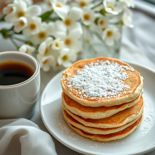 A close-up shot of fluffy pancakes dusted with powdered sugar on a white plate next to a cup of black coffee, complemented with delicate white flowers in the background, captured with a Canon EOS R5 at f/2.8, ISO 200, 1/125 sec, natural soft lighting.