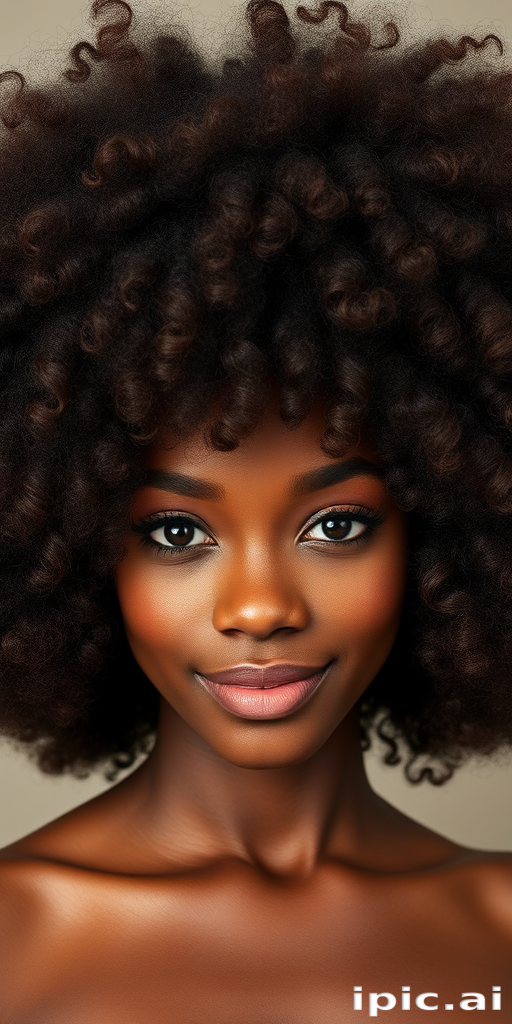 Voluminous curly afro with rich chocolate brown hues, perfectly defined coils framing the face, celebrating natural texture and embracing cultural heritage