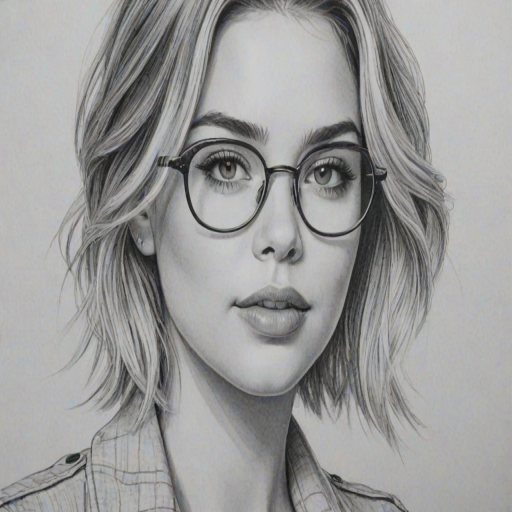 Alluring Ashley Benson, pencil sketch, portrait of Ravishing woman 1951s in glasses, hair style beatnik, outline, clear lines, fine lines, 8k