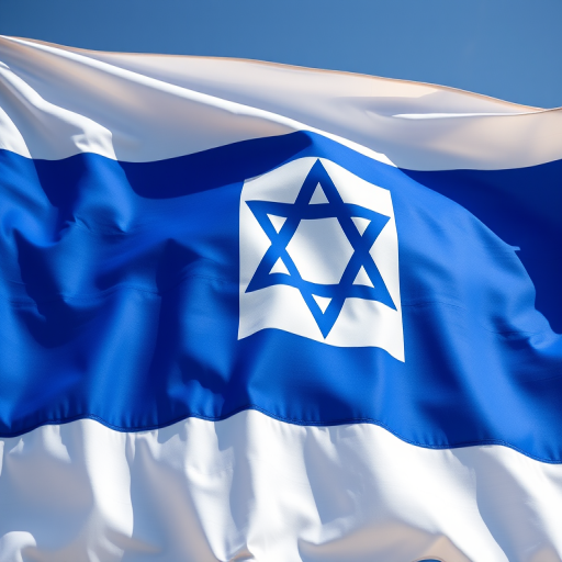 Create a high-resolution image of the Israeli flag, captured with a Canon EOS R5, 50mm lens, at f/8 aperture, ISO 100, using a daylight setting for natural lighting and a slight overhead angle for better perspective.