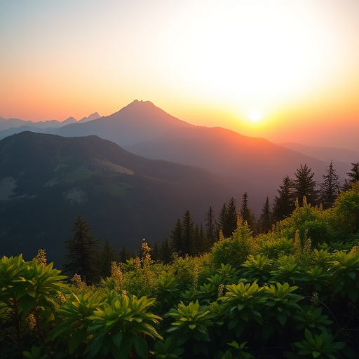 Create a high-resolution image of a serene mountain landscape during sunrise with lush greenery in the foreground, using a DSLR camera at f/8 aperture, ISO 100, 24mm focal length, and shot in landscape orientation to enhance depth and clarity.