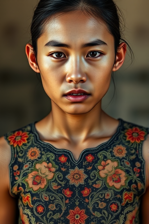 Face, shoulders, chest covered in openwork Malay embroidery. Raw, unedited image.