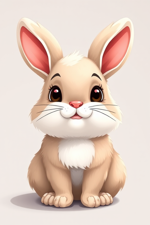 Create a high-resolution illustration of a cute, cartoon-style bunny with a fluffy texture and friendly expression, using a DSLR camera with a 50mm lens, aperture f/2.8, ISO 100, and natural soft lighting for enhanced detail and vibrant colors.