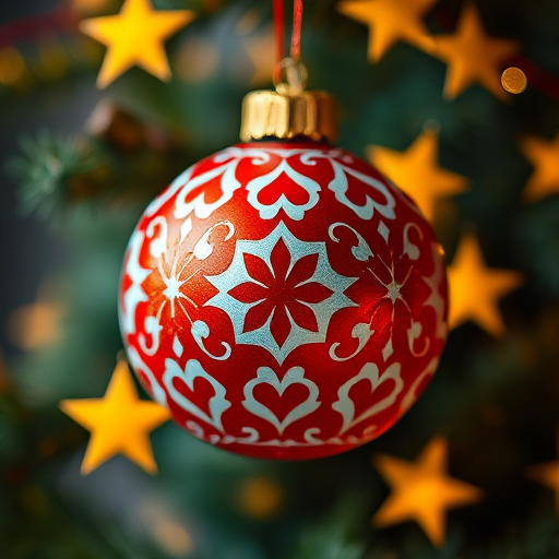 Create a high-quality image of a Christmas ornament with red and white patterns, surrounded by yellow stars, captured with a DSLR camera, 50mm lens, f/1.8 aperture, ISO 100, and a shallow depth of field for a soft background effect.