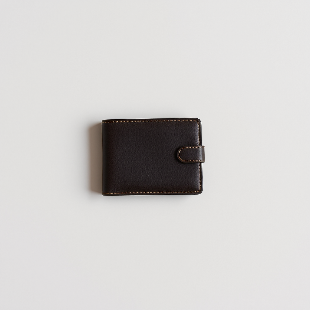 Create a high-resolution image of a sleek, minimalist wallet on a neutral background, using a Canon EOS R5 with a 50mm f/1.2 lens at f/2.8, ISO 100, shutter speed 1/125s, top-down view, soft diffused lighting for enhanced texture and detail.