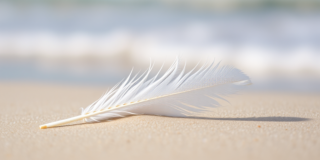 macro shot of a delicate white feather resting on soft sand with a blurred ocean background, f/2.8 aperture, 1/200s shutter speed, ISO 100, 50mm lens, natural lighting, DSLR camera