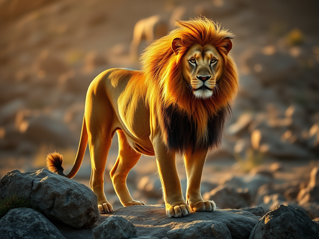 A majestic lion standing on rocky terrain during golden hour with soft sunlight illuminating its mane, captured with a DSLR camera at f/2.8, ISO 200, 1/500 sec, from a low angle to create depth and enhance detail.