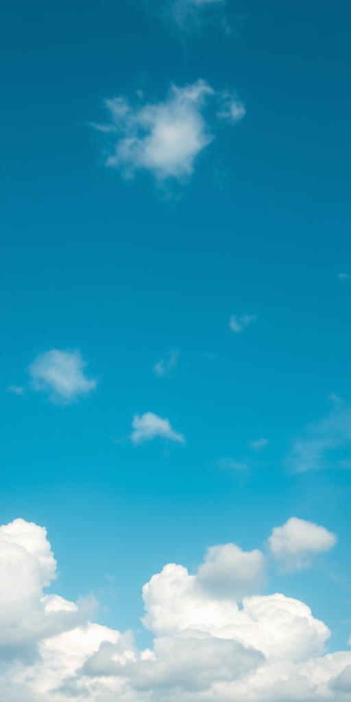 Generate a detailed image of fluffy clouds in a blue sky with a Canon EOS R5, 50mm lens, aperture f/2.8, ISO 100, shot from a low angle to capture depth and clarity.