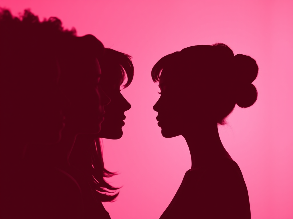 silhouette of diverse human faces in profile against a soft pink background, vibrant colors with layered depth, DSLR camera, 50mm lens, f/1.8 aperture, ISO 100, soft focus effect, side view composition, high-resolution image