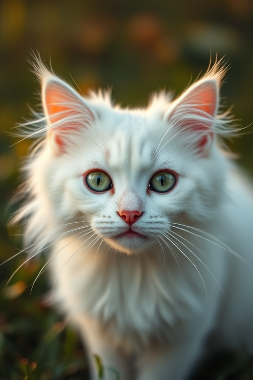 A close-up shot of a fluffy white cat with striking green eyes in a natural outdoor setting, captured using a DSLR camera at f/1.8 aperture, 50mm lens, ISO 100, with a soft focus background and golden hour lighting for enhanced detail and vibrancy.