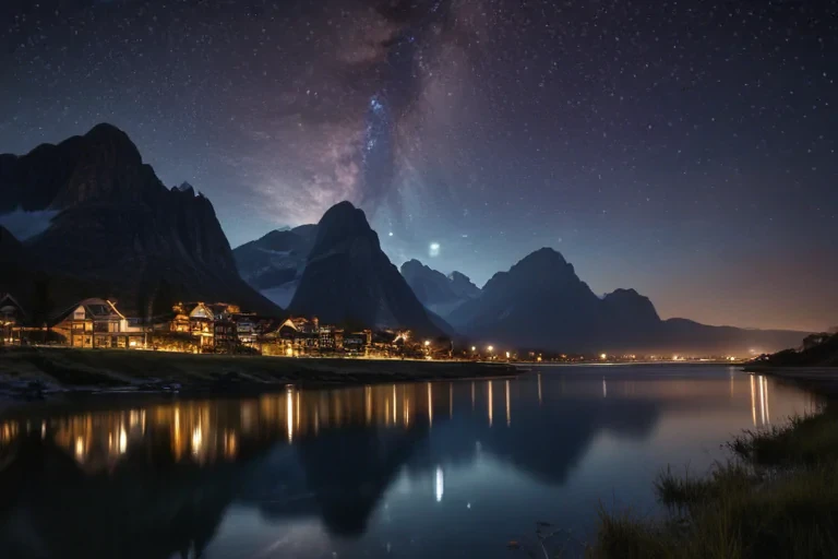 Stunning Night Sky Over Serene Mountain Village Reflected in Calm Waters