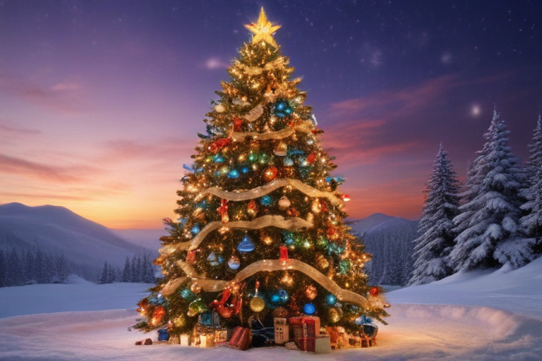 A Beautifully Decorated Christmas Tree Surrounded by Snowy Winter ...