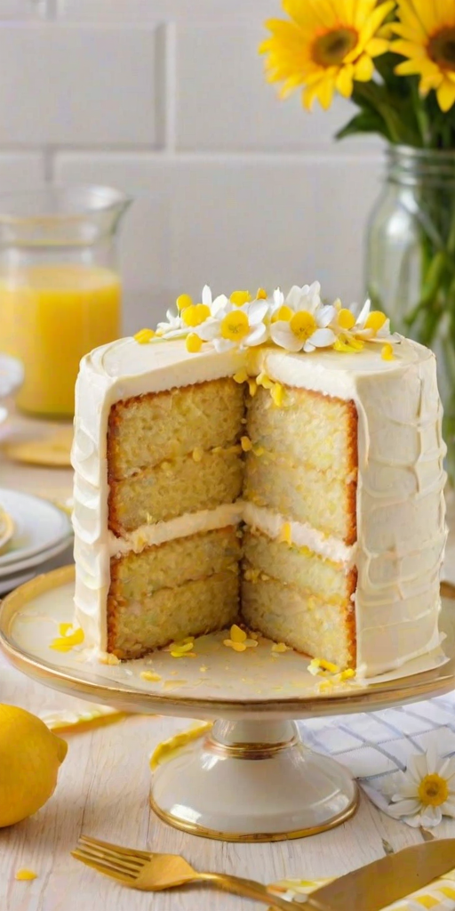 Create a detailed image of a layered lemon cake with a smooth, creamy frosting. The cake should be adorned with lemon slices and small edible flowers. A slice of the cake should be cut and placed on a golden plate, revealing its moist layers. Include a small jar of lemon curd and vibrant yellow flowers in the background, with a checkered cloth underneath to add texture. The overall setting should be bright and inviting, conveying a fresh and cheerful atmosphere.