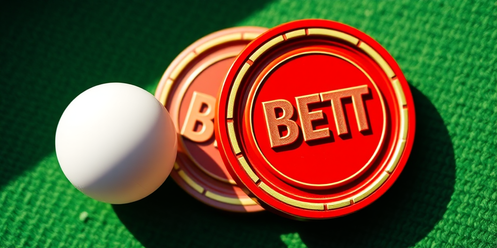 Create a high-resolution illustration of two betting tokens with a white ball beside them, using a DSLR camera with a 50mm lens, aperture f/2.8, ISO 100, shot from a top-down view with natural lighting to enhance color vibrancy and detail.