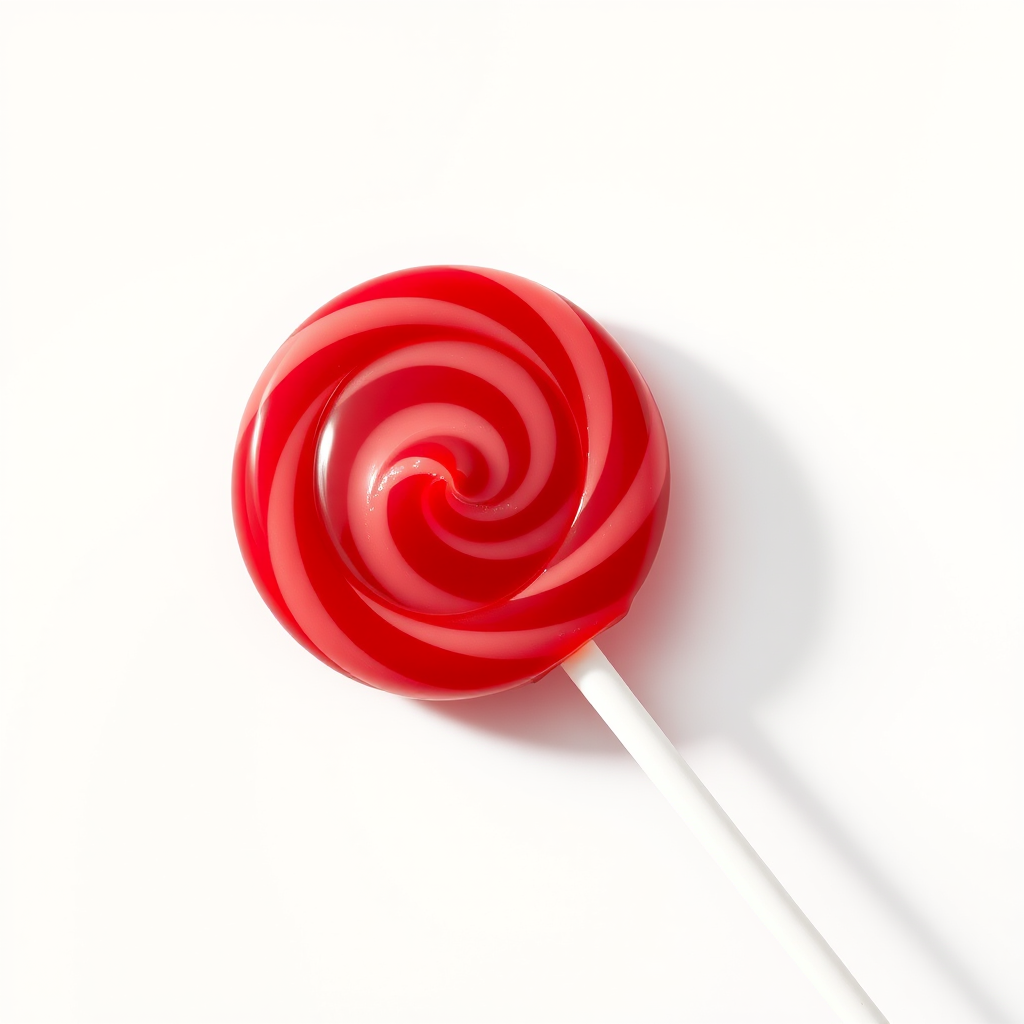Create a vibrant, close-up digital illustration of a red lollipop on a plain white background, using a Canon EOS R5 with a 50mm f/1.2 lens at f/2.8, ISO 100, and a slightly angled view to enhance depth and detail.