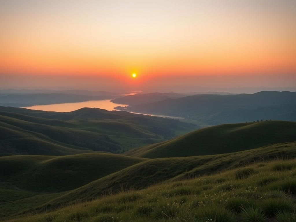 Create a high-resolution image of a serene landscape featuring rolling hills and a calm lake at sunrise, captured with a Canon EOS R5, 24-70mm f/2.8 lens, aperture f/8, ISO 100, shutter speed 1/125s, in a wide-angle view for enhanced depth and clarity.
