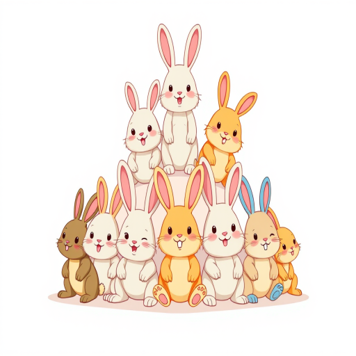 Create a whimsical illustration of cartoon rabbits stacked in a pyramid formation, using a Canon EOS R5 with a 50mm f/1.2 lens, aperture set to f/2.8, ISO 100, and shutter speed 1/200s, with a bright, flat lighting style and a clean white background to enhance the colorful details of the characters.