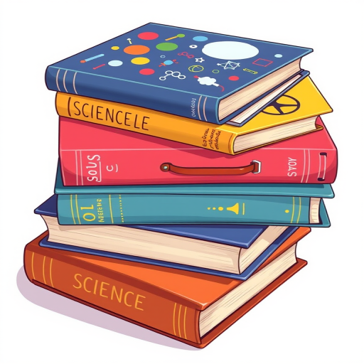 create a vector illustration of four colorful textbooks stacked with science-themed designs on the covers, use a clean and modern style, camera type: digital camera, camera settings: ISO 100, aperture f/8, shutter speed 1/125s, camera view: top-down angle, white background for contrast