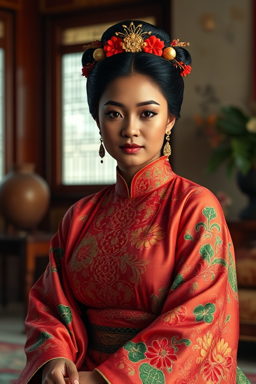 A beautiful Afro-Caribbean woman in traditional East Asian attire, intricately detailed with embroidered patterns, sitting gracefully in a richly decorated room, soft ambient lighting, serene and elegant, ultra-realistic, 8K resolution