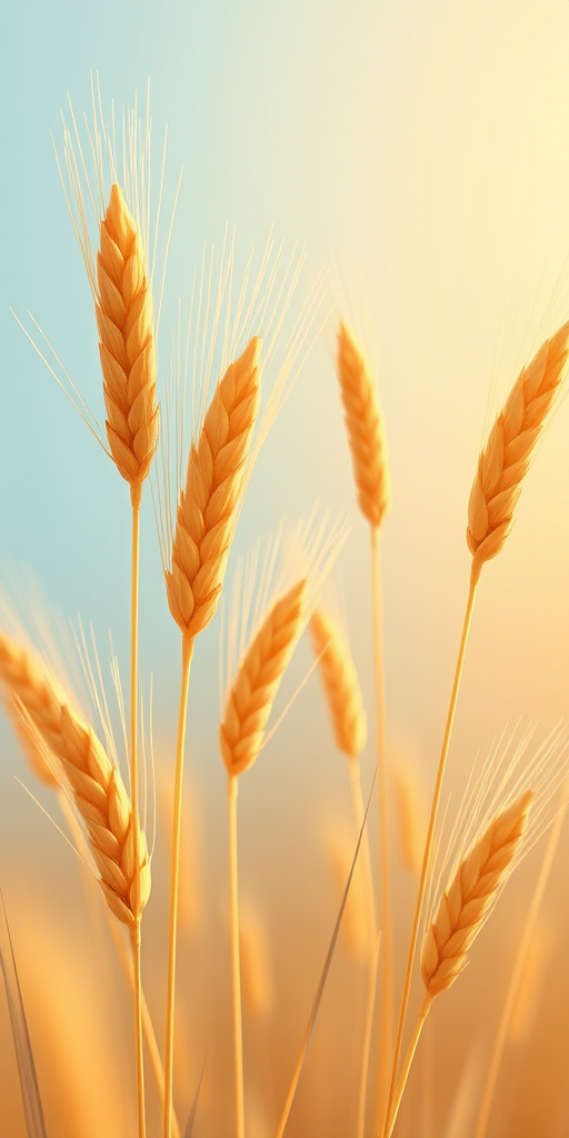 Create an illustration of golden wheat stalks gently swaying against a gradient blue and yellow background, captured with a DSLR camera at f/4 aperture, 50mm lens, ISO 100, soft focus style to enhance detail and texture.