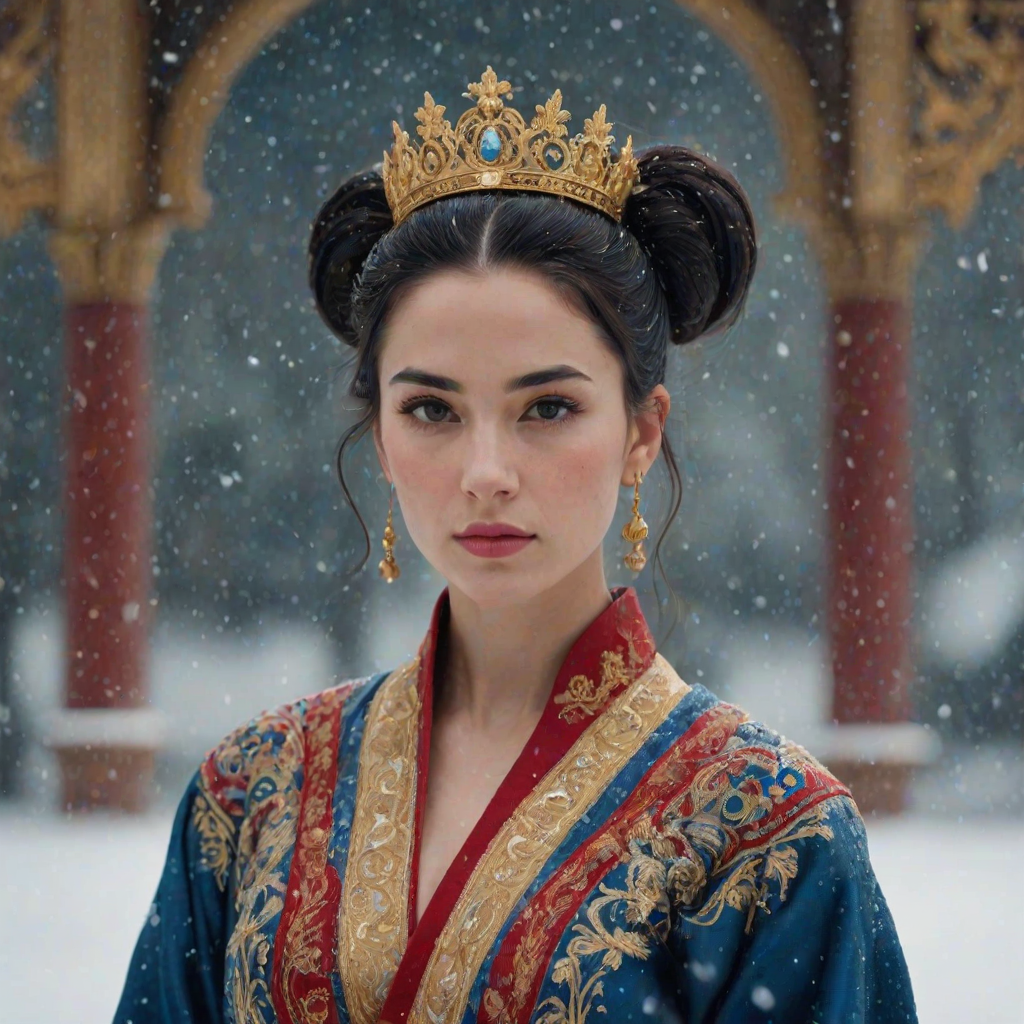 A young woman with long black hair styled in a high bun, adorned with a gold crown and intricate hair ornaments, stares intently at the viewer. She wears a vibrant red and gold embroidered robe with blue accents, a gold belt with a large ornate buckle, and a blue and gold shoulder piece. The woman is positioned in the center of the frame, with the background blurred and filled with falling snow. The image has a soft, ethereal feel with a focus on the woman's face and attire, creating a portrait-like composition. The colors are rich and saturated, with the red, gold, and blue of the clothing standing out against the muted blue and white of the snowy backdrop. The lighting is soft and diffused, casting a warm glow on the woman's face.  The overall mood is elegant and mysterious.  The details of the woman's attire, especially the intricate embroidery and embellishments, add a sense of opulence and grandeur.  The falling snow further enhances the sense of winter magic and wonder.