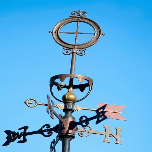 Create a detailed image of an antique weather vane featuring an ornate design with a circular frame and arrow, set against a clear blue sky, using a DSLR camera with a 50mm lens, aperture set to f/2.8 for a shallow depth of field, a shutter speed of 1/250 sec, and ISO 100 for optimal clarity and detail.