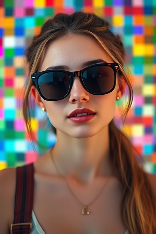 portrait of a young woman with colorful pixelated background wearing stylish sunglasses, 85mm lens, f/1.8 aperture, ISO 100, soft lighting, high resolution, digital photography, cinematic style
