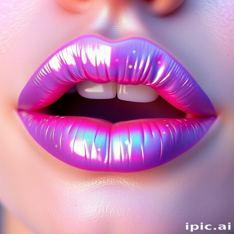 Iridescent holographic lips in "Unicorn Dreams" style, shifting colors from lavender to aqua with every movement, adorned with tiny star-shaped glitter for a magical effect