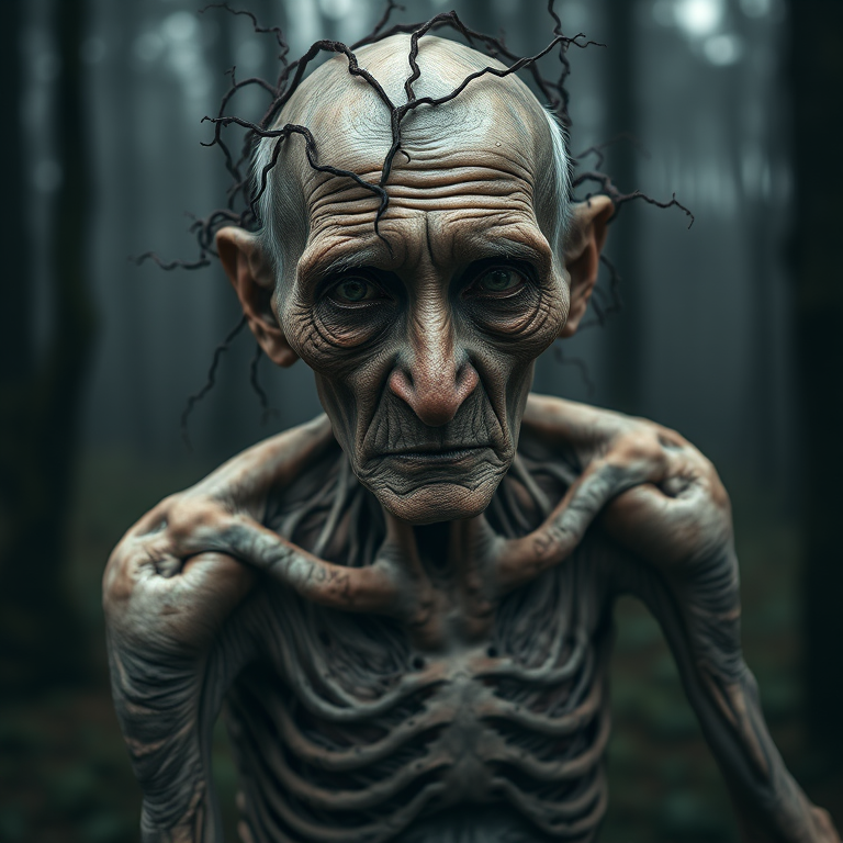 Create a hyper-realistic portrait of an elderly figure with an emaciated frame and intricate, vine-like appearances emerging from the skin, set against a dark, misty forest backdrop, utilizing a Canon EOS R5 with a 85mm f/1.2 lens, aperture set to f/1.2 for shallow depth of field, ISO 100 for clarity, and a soft diffused lighting for dramatic effect.