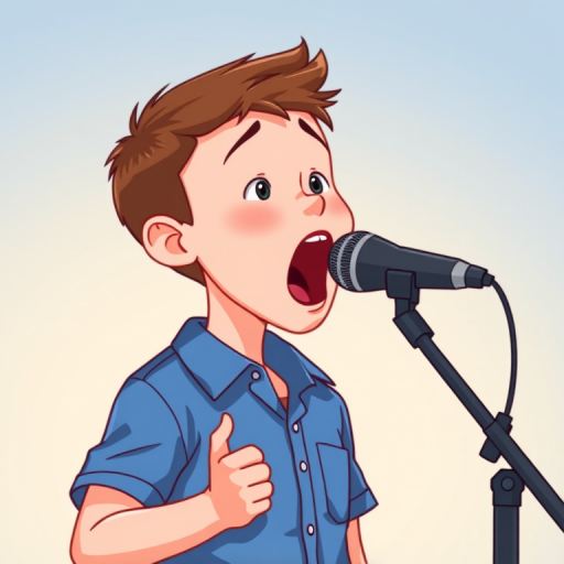 Create an illustration of a boy with a blue shirt yelling into a microphone, featuring a clean gradient background, captured with a DSLR camera at f/2.8, ISO 100, and a 50mm lens, in portrait orientation.