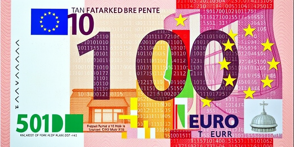 Create an abstract digital artwork featuring a 100 euro banknote overlaid with a binary code pattern and European Union stars, shot with a Canon EOS 5D Mark IV, ISO 100, f/8, 24mm, in a vibrant color style.