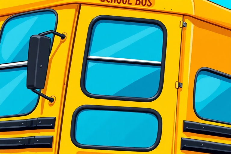 Create a vibrant cartoon-style image of a yellow school bus with blue windows, using a DSLR camera with a 50mm lens, f/1.8 aperture, ISO 100, and a bright daylight setting to enhance color saturation and sharpness.