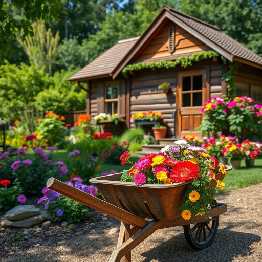 Create a vibrant outdoor scene featuring a wooden cottage surrounded by lush greenery and colorful flower beds, with a rustic wheelbarrow filled with vibrant flowers in the foreground, captured with a DSLR camera at f/8 aperture, 1/200 shutter speed, ISO 100, wide-angle lens, in bright daylight for enhanced colors and details.
