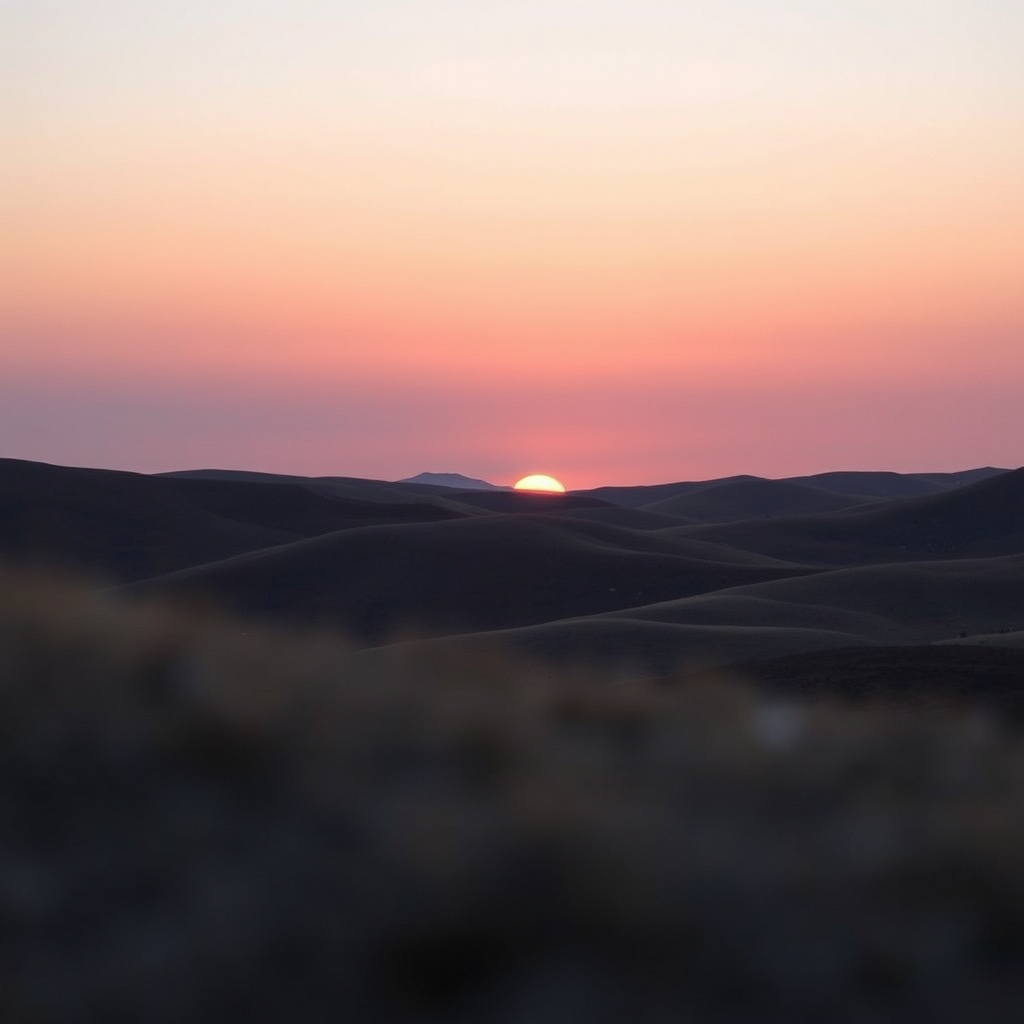 Create a high-resolution image of a minimalist landscape featuring rolling hills under a clear sky at sunset, using a DSLR camera with a 50mm lens, aperture set to f/8, ISO 100, and a shallow depth of field, captured from a low angle to emphasize the foreground.