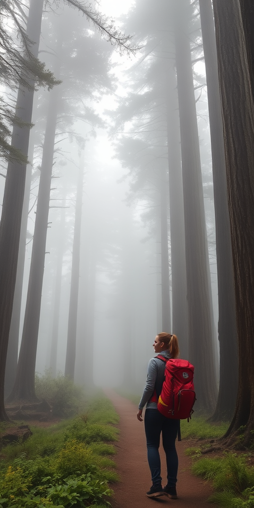 Fog-covered forest trail, ancient trees towering on either side, a woman with a hiking backpack stops to take a deep breath, appreciating the peaceful silence.