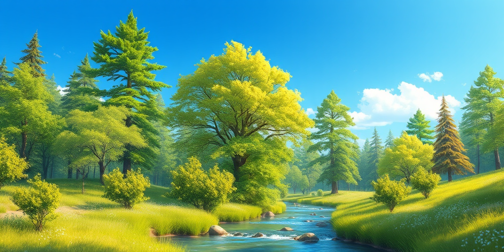 Create a high-resolution digital illustration of a serene forest scene with vibrant green trees, a clear blue sky, and a gentle stream flowing through. Use a DSLR camera with an aperture of f/2.8, a shutter speed of 1/125 seconds, and an ISO of 100. Shoot from a low angle perspective to capture depth, in natural sunlight for enhanced colors.