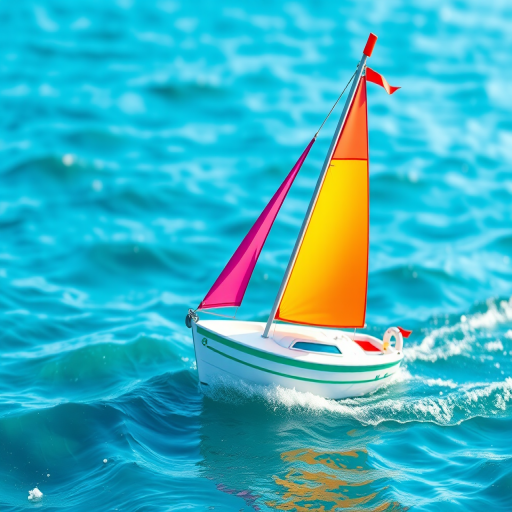 A colorful cartoon sailboat on water, bright pink and green sails, vibrant blue waves, high resolution, f/2.8 aperture, ISO 100, 50mm lens, shot from eye level, soft focus style, digital camera.