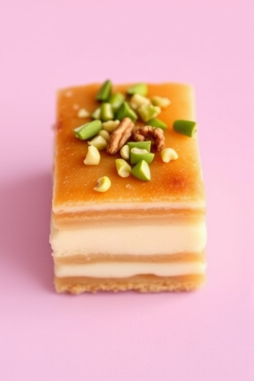 A rectangular dessert made of layers of creamy filling and crispy pastry, topped with chopped pistachios and walnuts, sitting on a light pink background. The dessert has a golden brown and slightly caramelized appearance on top, with visible layers showcasing the creamy texture.