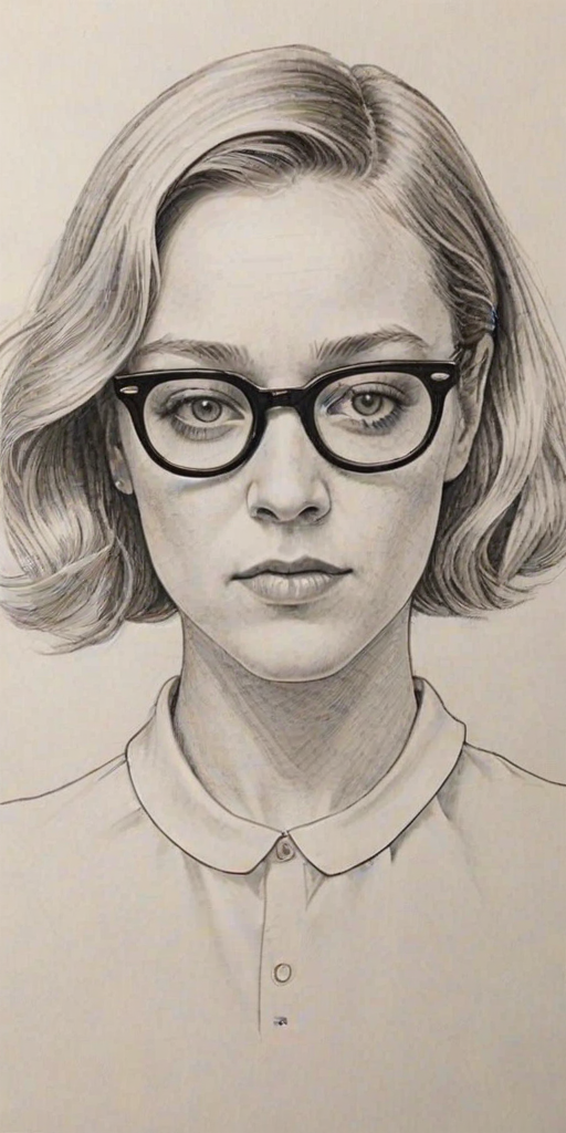 Fascinating Chloe Sevigny, pencil sketch, portrait of Splendid woman 1950s in glasses, hair style beatnik, outline, clear lines, fine lines, 8k
