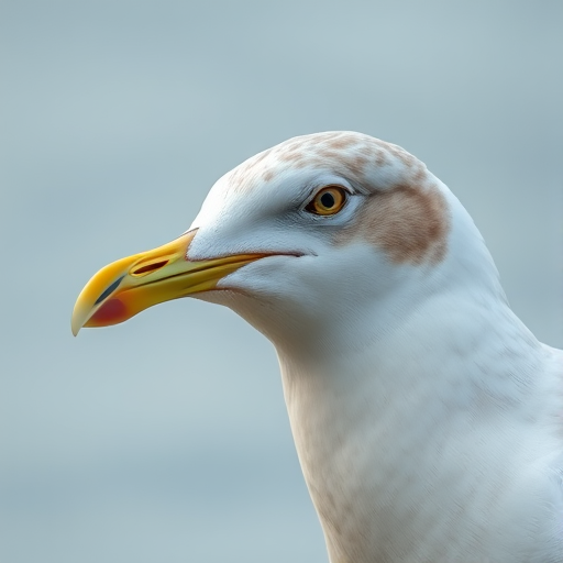 Close-up of a seagull with detailed feathers and soft background, aperture f/4, ISO 100, shutter speed 1/250s, taken with a DSLR camera using a telephoto lens for sharpness and clarity.