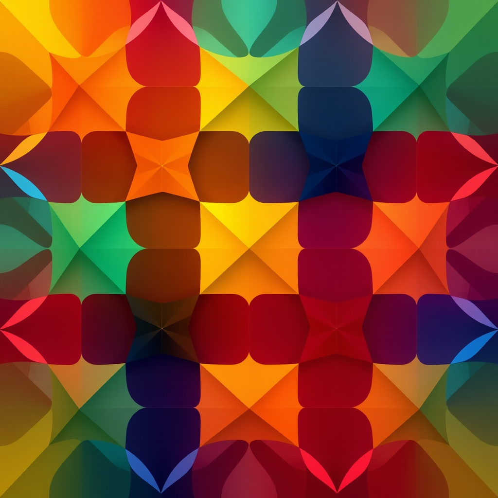 Create an abstract geometric pattern with vibrant colors, high contrast, and smooth gradients, using a DSLR camera with a 50mm lens, f/1.8 aperture, ISO 100, and a shallow depth of field for enhanced image quality.