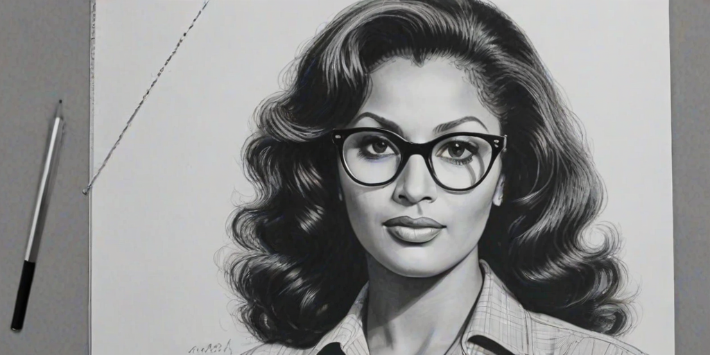 Charming Pam Grier, pencil sketch, portrait of Comely woman 1958s in glasses, hair style beatnik, outline, clear lines, fine lines, 8k